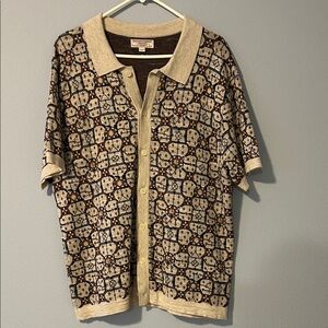 Vintage Style Geometric Pattern Knit Polo Sweater in Brown and Cream